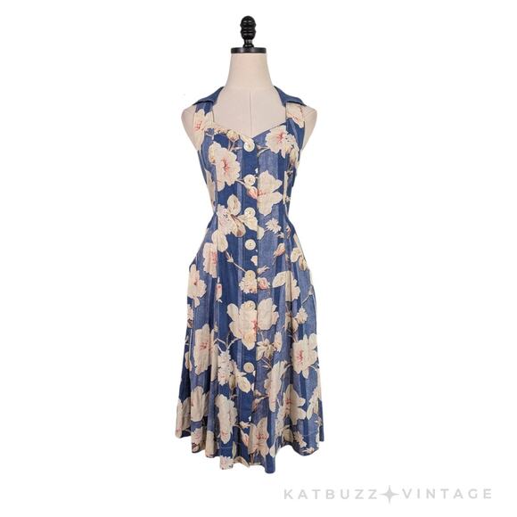 Anthropologie Dresses & Skirts - Anthropologie Camellia Dress 8 Blue Cream Floral Retro Button Church Summer